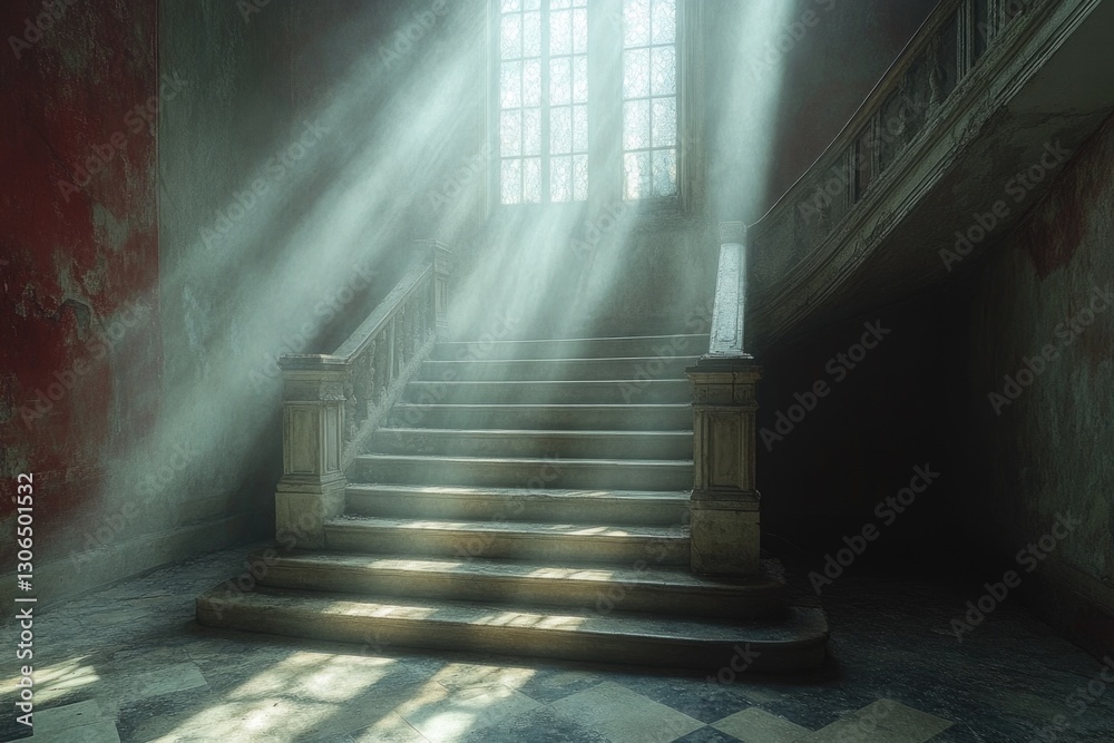 Poster A staircase in a building with sunlight streaming through the windows, perfect for interior design or architecture images
