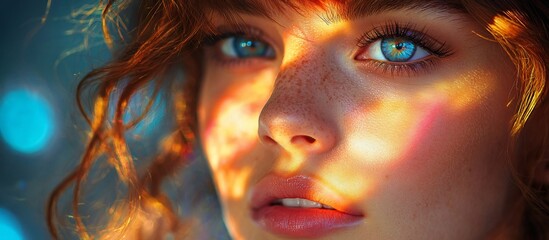 Close-up portrait of a young woman with vibrant blue eyes illuminated by colorful light patterns