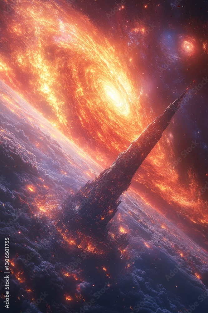 Poster A futuristic space station floating in the vastness of a galaxy, with stars and planets in the background