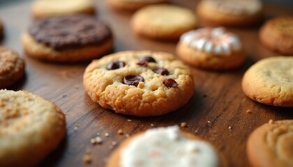 Close-up of various cookies with diverse textures, flavors. Highlight intricate designs, appetizing appearance. Baked goods include chocolate, vanilla, icing. Homemade epicure sweet delectable