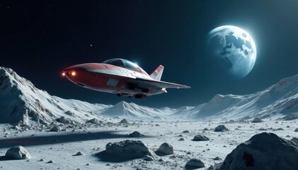 Fototapeta premium Sleek spaceship descends onto lunar surface, Earth rises , satellite, silver