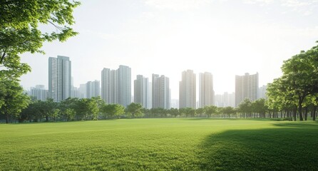 Fototapeta premium Lush parkland with modern city skyline in the background