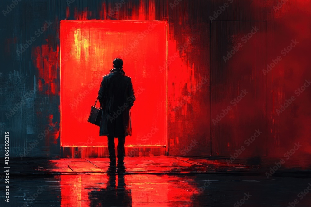 Poster a person standing in front of a bright red door with intricate details, could be used for various sc