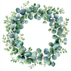 A circular wreath made of green eucalyptus leaves, featuring a mix of vibrant shades and delicate branches.