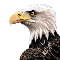 Obraz premium Bald eagle illustration. Eagle head with white feathers and yellow beak. Isolated wildlife bird in drawing style. Transparent png.
