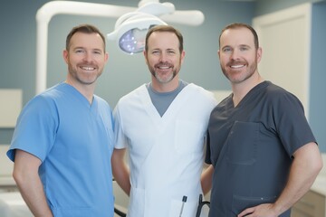 Three men in white and blue scrubs are smiling for the camera. They are posing for a photo in a medical setting