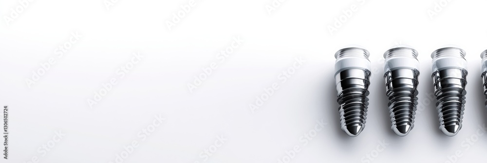 Poster detailed view of dental implants arranged for a clean and professional presentation on a white backg
