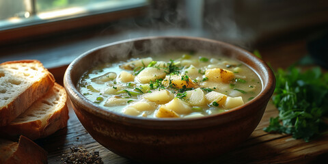 Traditional Cullen Skink – Creamy Scottish Smoked Haddock Soup with Potatoes & Leeks in a Rustic Setting
