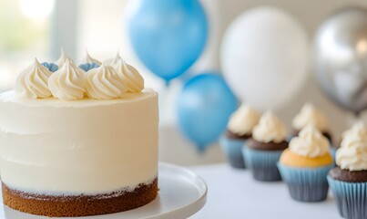 Simple birthday party background with blue theme surrounded by cake on table and delicious cupcakes, Generative AI
