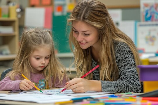 teacher or tutor helping a student with homework, cozy and inviting, teacher is helping her student with homework, sitting at the desk in the classroom