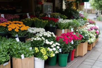 A row of potted plants are displayed on a sidewalk. The plants are of various colors and sizes, including white, pink, and yellow. The display is arranged in wooden crates