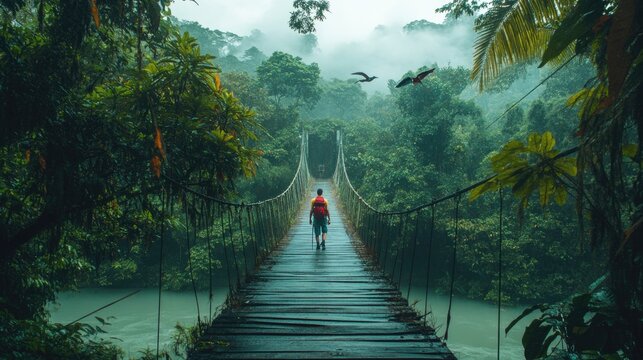 Person walking across a wooden bridge in a lush green forest - Powered by Adobe