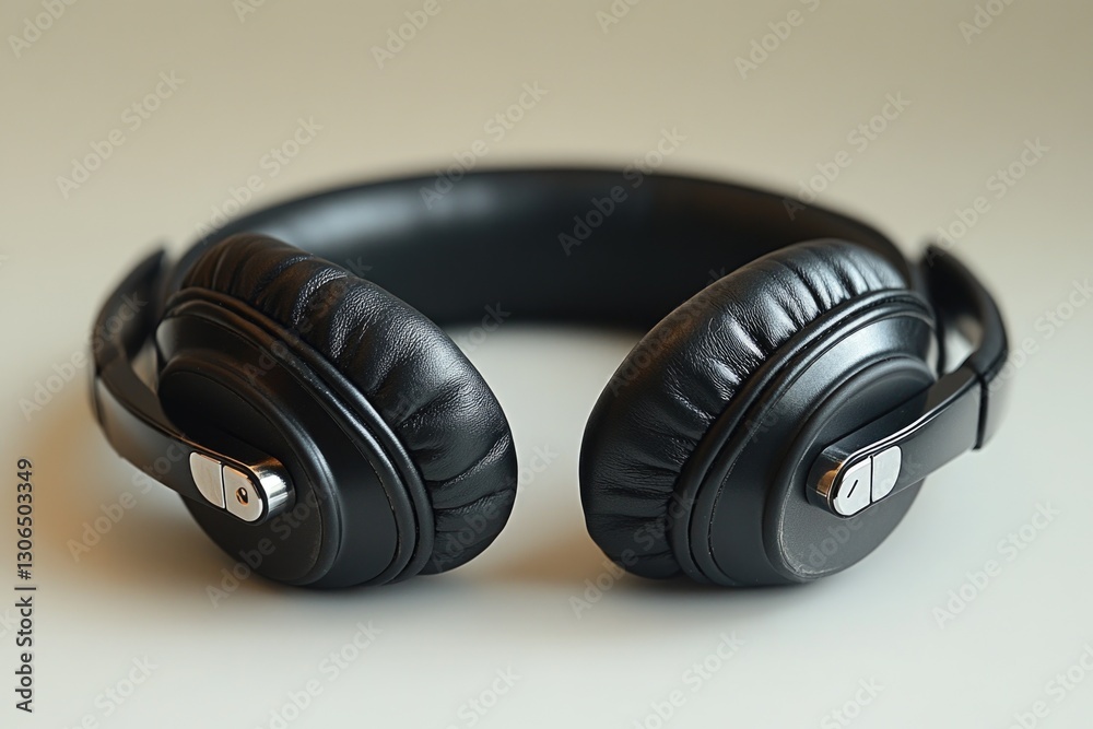 Aufkleber a pair of headphones resting on a table surface, ready for use