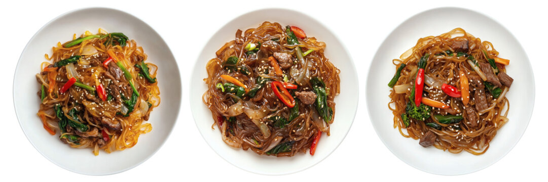 A plate of japchae korean food  top view with transparent background