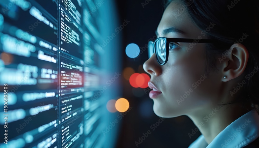 Aufkleber Close-up of focused data analyst with glasses observing illuminated data on digital display. Woman analyzes technology, information, code. Critical thinking in high-tech setting. pro explores