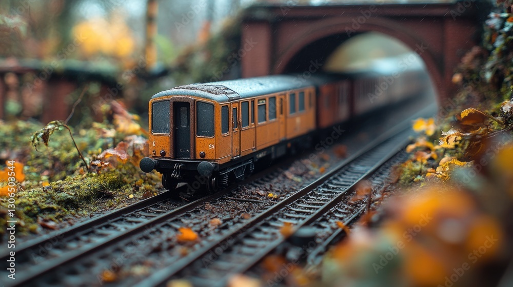 Poster a small toy train travels along the track next to a tunnel, great for use in illustrations or animat