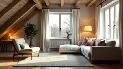 Naklejka premium Relaxing Sunlight Illuminates a Cozy Living Room with a Sectional Sofa and a Comfortable Accent Chair in a Home with Wooden Beams
