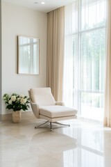 Fototapeta premium A white chair is sitting in front of a mirror and a vase of flowers. The chair is facing a window with white curtains. The scene is simple and elegant, with the white chair