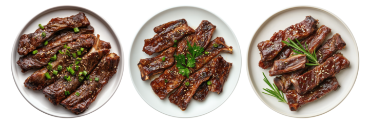 Korean Style BBQ Beef Short Ribs on white plate, top view with transparent background