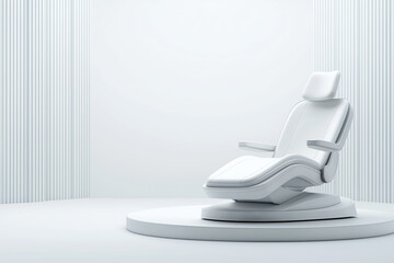 Modern white reclining chair in minimalist studio with soft lighting and curved backdrop
