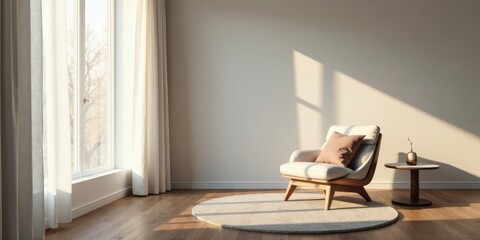Serene Minimalist Living Room Interior Design Featuring a Comfortable Armchair and Natural Sunlight Streaming Through Sheer Curtains on a Hardwood Floor