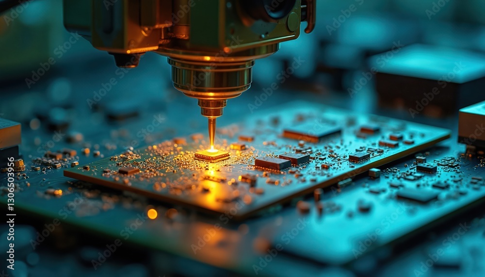 Leinwandbilder automated machine arm solders circuit board component in hi-tech electronic manufacturing facility. 