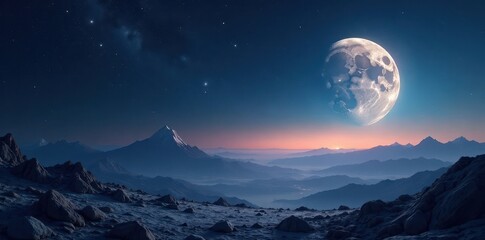 Breathtaking moon panorama, cosmic dust, starfield backdrop , nebula, vastness