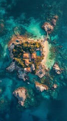 Stunning aerial view of a tropical island resort. An oasis surrounded by crystal-clear waters. Tropical paradise awaits in this serene setting. Generative AI