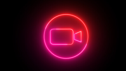 Purple neon camera icon with circle. Glowing neon video camera icon isolated on black background