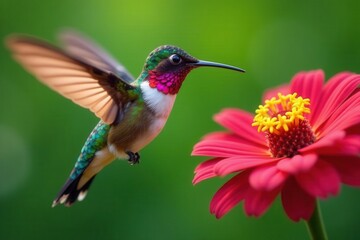 Close-up of vibrant hummingbird hovering near flower, iridescent, exotic