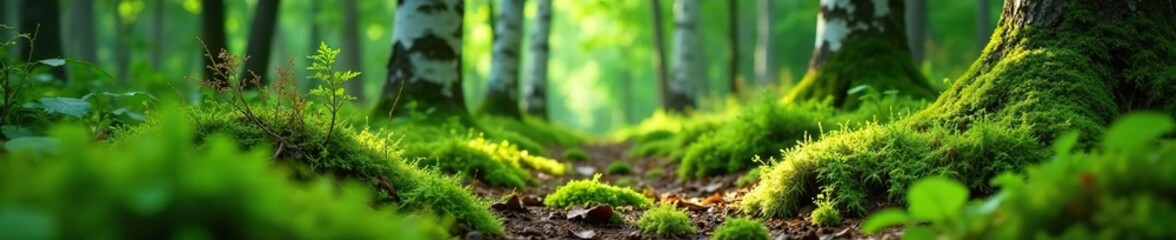 Forest floor covered in moss and ferns under white birch trees, ferns, nature's carpet, greenery