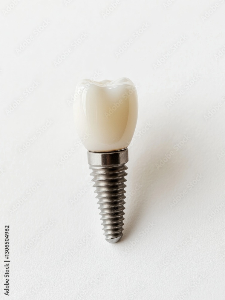 Poster high quality dental implant featuring detailed metal texture against smooth white background with am