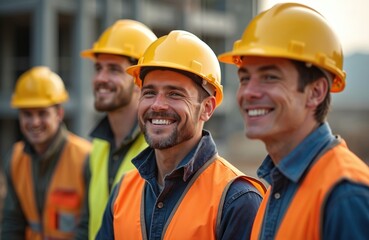 Team of smiling builders in helmets, vests on construction site. Construction workers team wearing safety equipment. Successful construction company engineers, architects. Men at work. Building