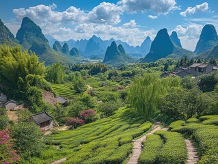 Beautiful landscape featuring towering mountains and lush trees creating a serene natural scene