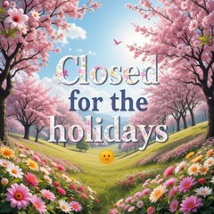 A vibrant landscape showcases blooming cherry trees and colorful flowers under a sunny sky, featuring a playful Closed for the holidays message, perfect for spring announcements.