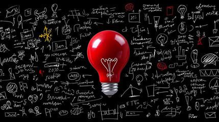 Creative Light Bulb Over Blackboard with Handwritten Ideas and Symbols