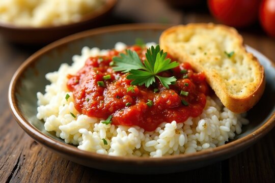 White rice topped with crispy bread and flavorful garlic red sauce in Egyptian fettah, rice, bread