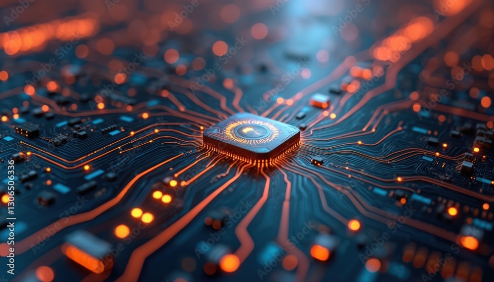 Aufkleber illustration of futuristic circuit board concept. orange glowing paths on a dark blue circuit chip. 