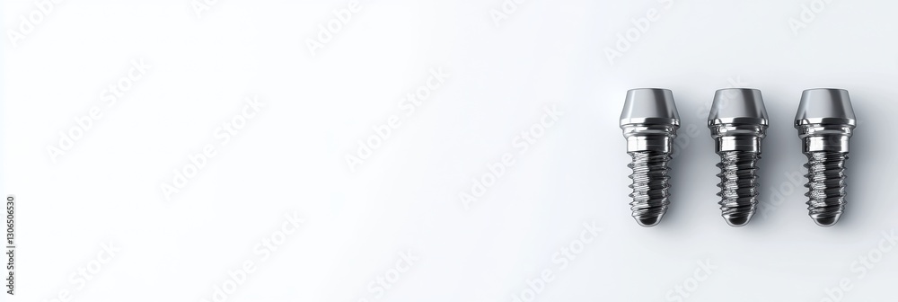 Aufkleber Detailed view of three dental implants arranged at an angle on a pure white background for professional presentation Generative AI