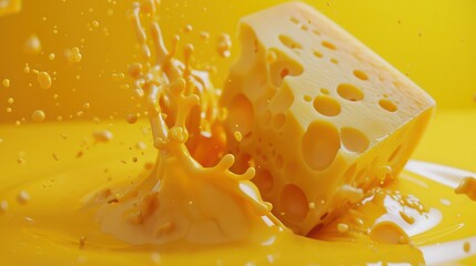 Cheese celebration for world cheese day with splashing yellow cheese scene. Horizontal banner. Copy space