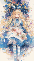 Fototapeta premium 幻想的なアリスの肖像画 夢見る表情の水彩風金髪少女