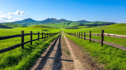 A beautiful green pathway bordered by wooden fences leads directly towards impressive mountains, inspiring a sense of exploration and appreciation of nature's beauty.