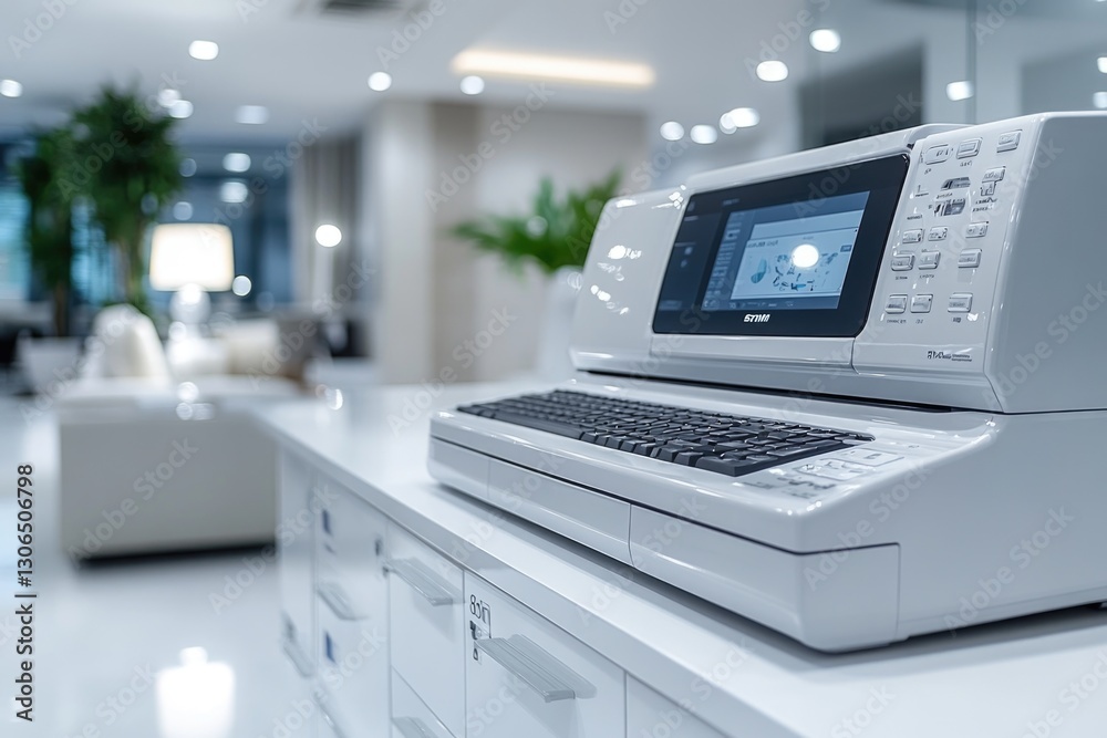 Poster a laptop computer placed on a clean and modern white counter