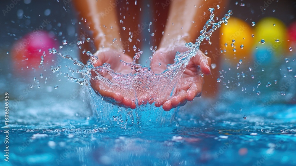 Poster a person relaxing and having fun in a pool, splashing water on their feet