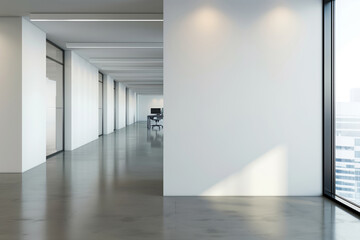 Empty white office wall Mockup. Blank modern bright interior softly lighted by a large window. Generative ai