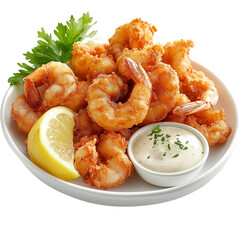 Golden Crispy Fried Shrimp with Lemon & Creamy Dip isolated on Transparent Background