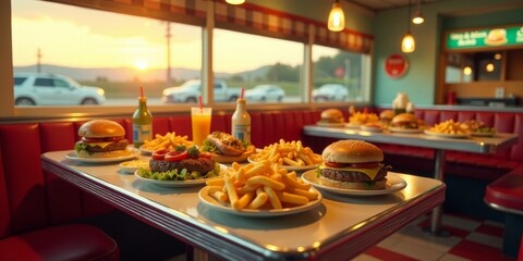 Sunset Dinner at a Retro Diner Juicy Burgers and Golden Fries on a Classic Table