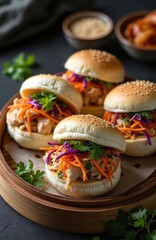 Taiwanese gua bao, asian hamburgers served on wooden tray. Appetizing sandwiches consists of steamed buns with pork meat, carrots, cabbage, coriander. Famous fast food dish with fresh vegetables.
