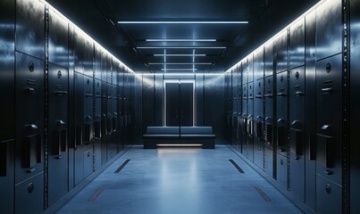 Futuristic Corridor with Lockers and Seating Area in a Modern Setting