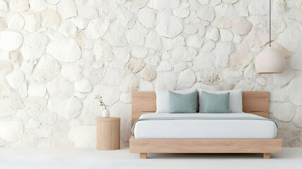 Modern Minimalist Bedroom Design with Stone Wall and Natural Accents